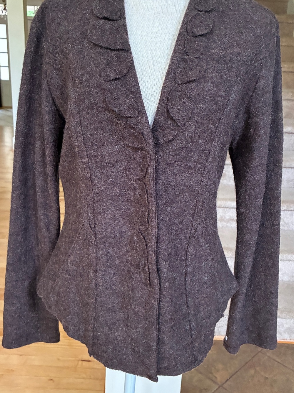 Cynthia Rowley Chocolate Brown Scalloped-Edge 100% Wool Knit Sweater Jacket